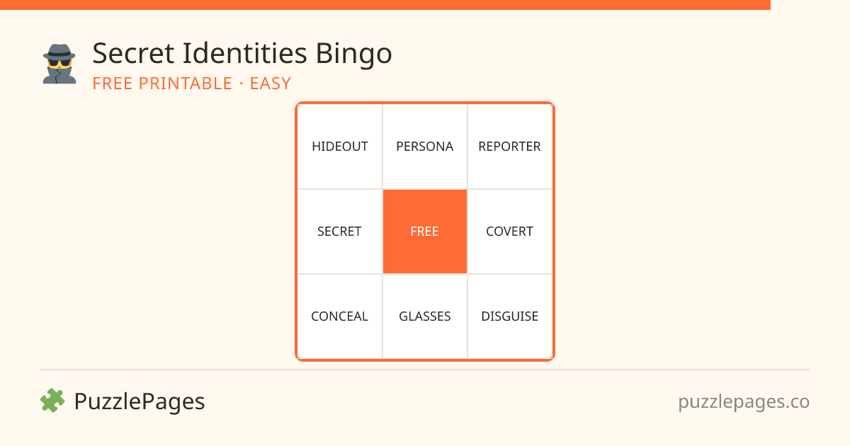 Secret Identities Easy printable bingo preview — free to print from PuzzlePages