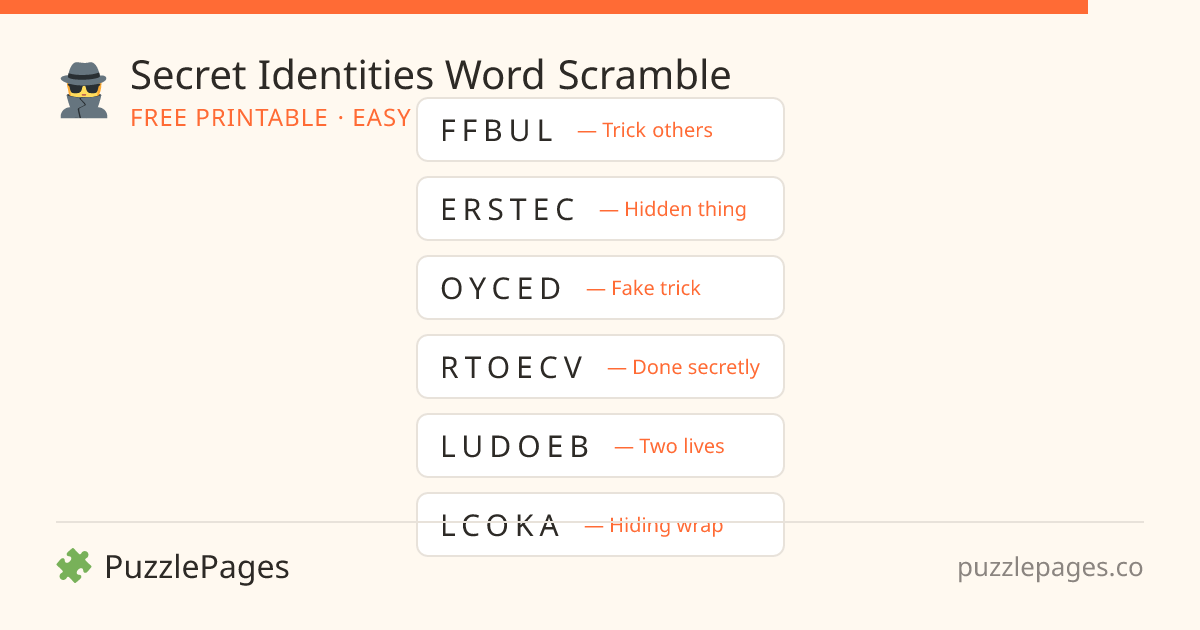 Secret Identities Easy printable word scramble preview — free to print from PuzzlePages