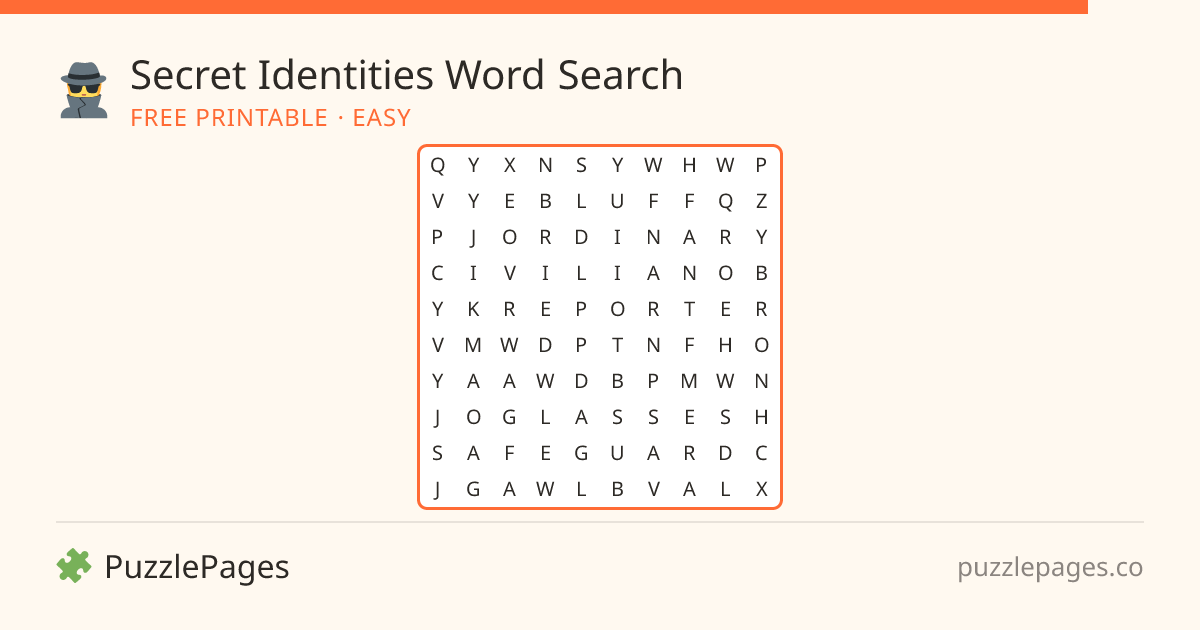 Secret Identities Easy printable word search preview — free to print from PuzzlePages