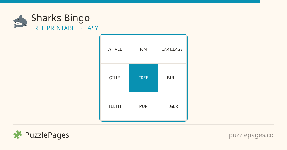 Sharks Easy printable bingo preview — free to print from PuzzlePages