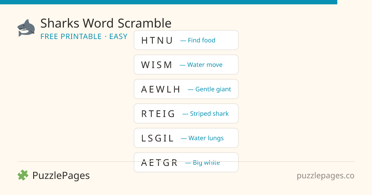 Sharks Easy printable word scramble preview — free to print from PuzzlePages