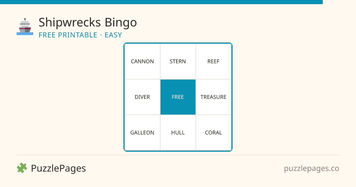 Shipwrecks Easy printable bingo preview — free to print from PuzzlePages