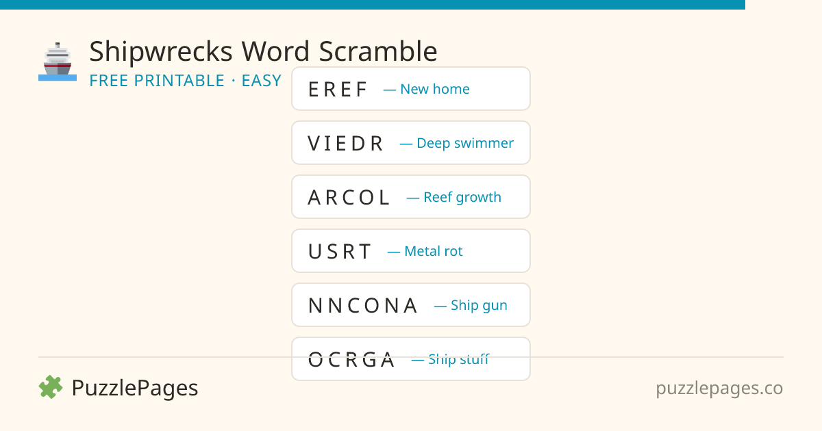 Shipwrecks Easy printable word scramble preview — free to print from PuzzlePages