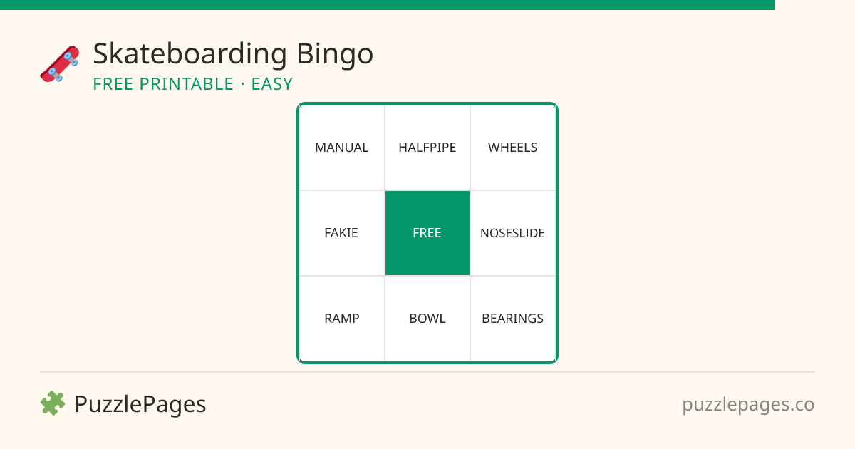 Skateboarding Easy printable bingo preview — free to print from PuzzlePages
