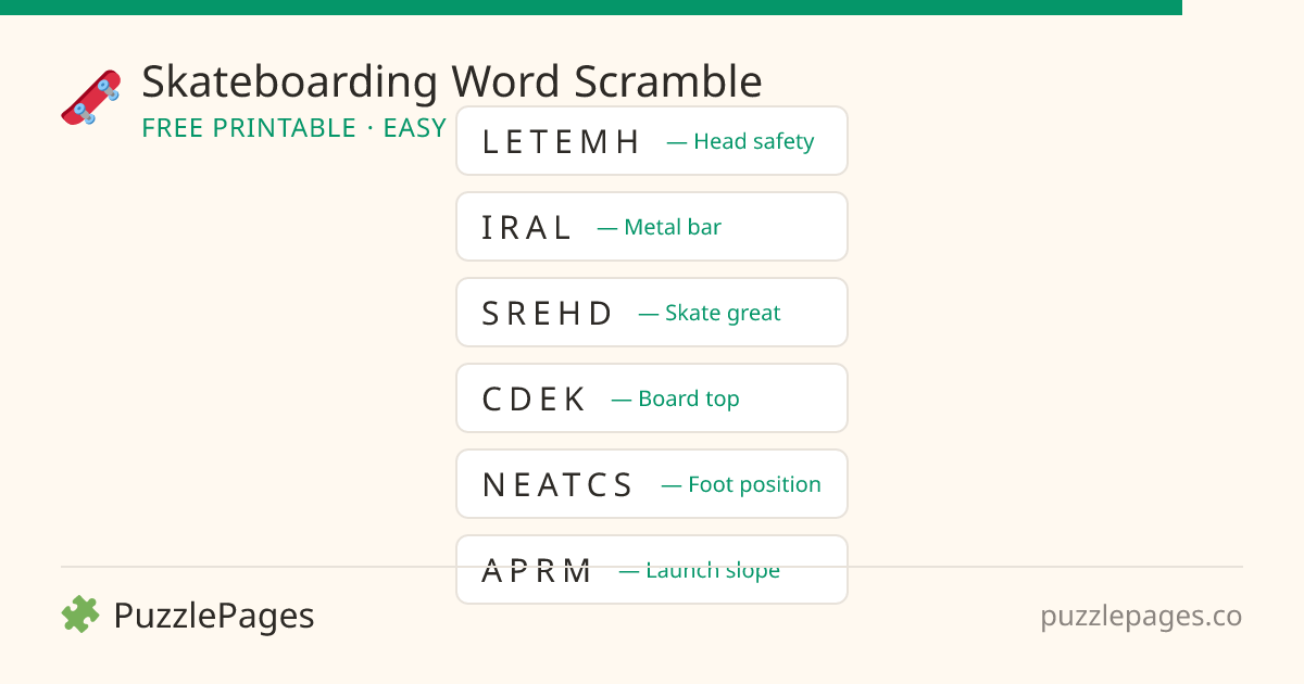 Skateboarding Easy printable word scramble preview — free to print from PuzzlePages