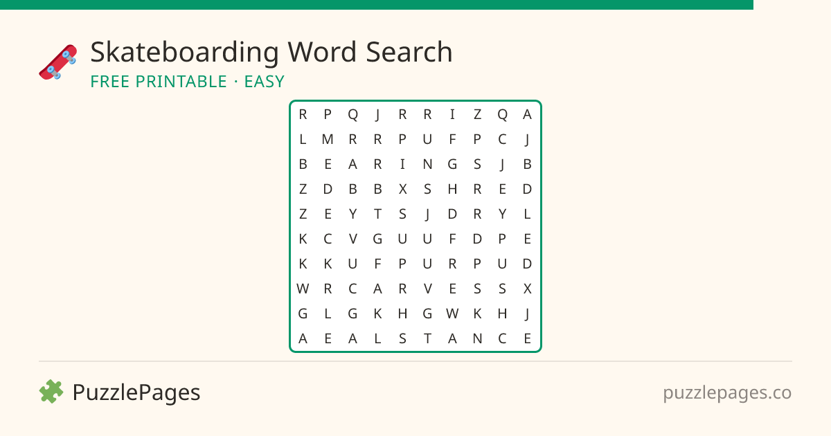 Skateboarding Easy printable word search preview — free to print from PuzzlePages