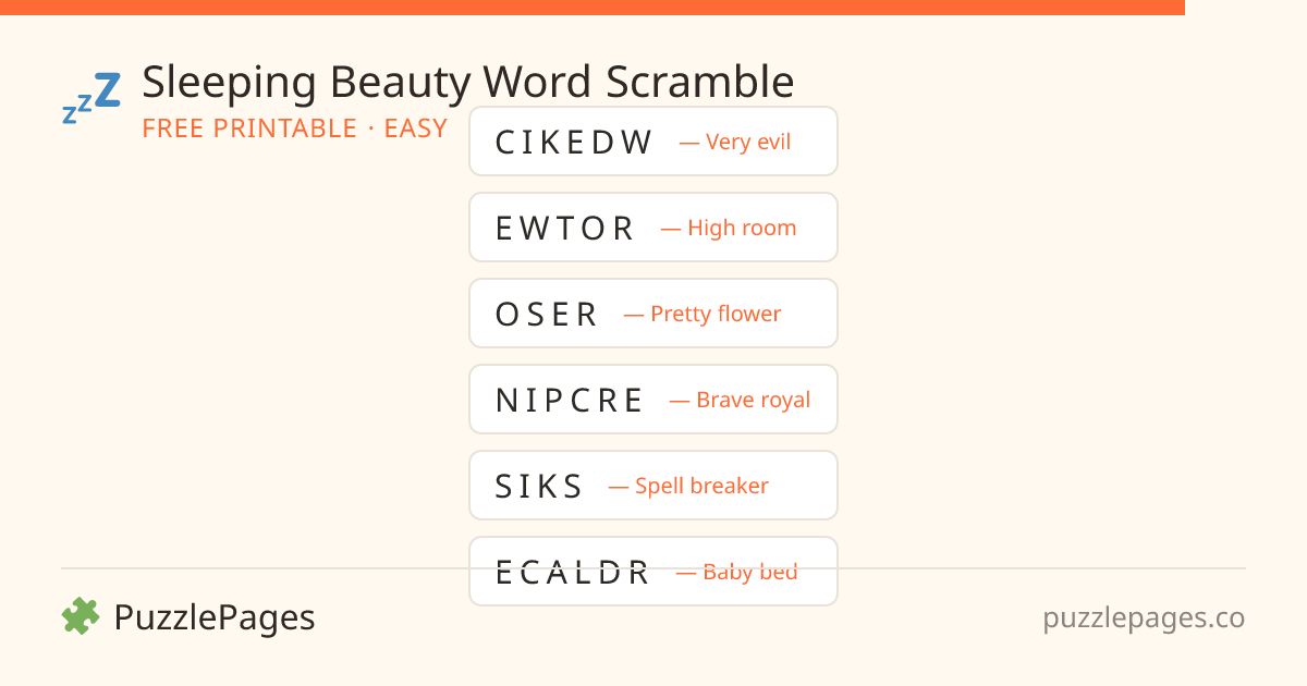 Sleeping Beauty Easy printable word scramble preview — free to print from PuzzlePages