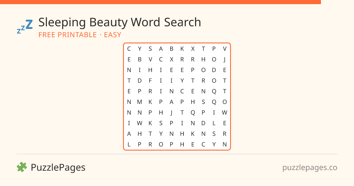 Sleeping Beauty Easy printable word search preview — free to print from PuzzlePages