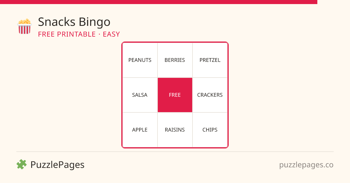 Snacks Easy printable bingo preview — free to print from PuzzlePages