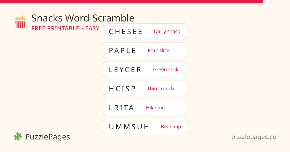 Snacks Easy printable word scramble preview — free to print from PuzzlePages