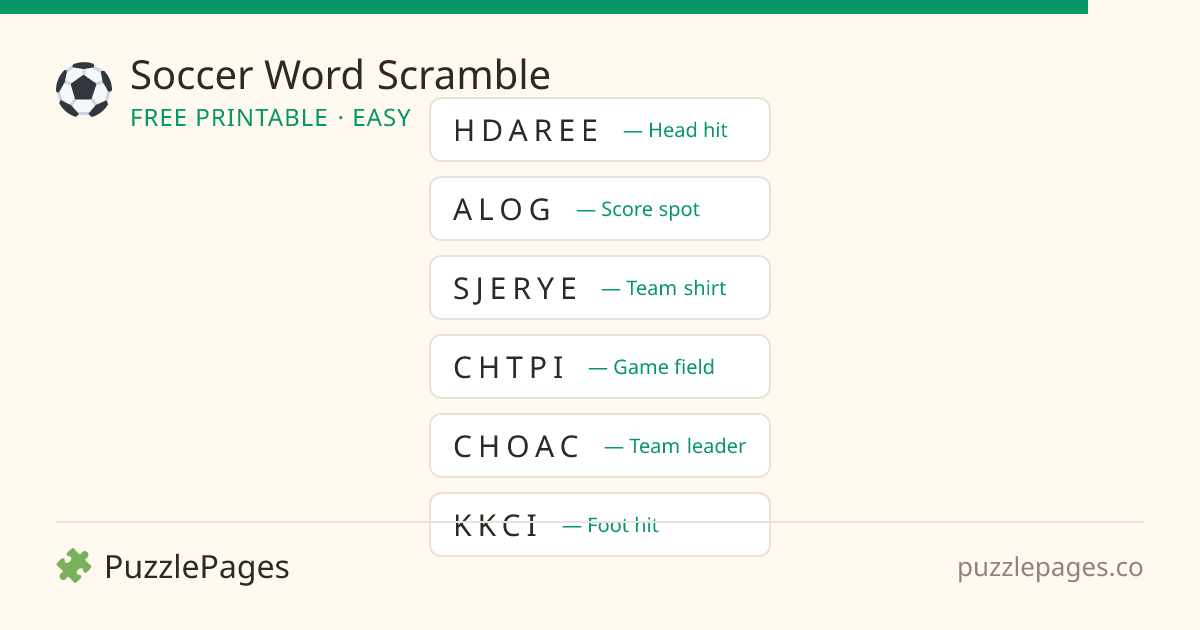 Soccer Easy printable word scramble preview — free to print from PuzzlePages