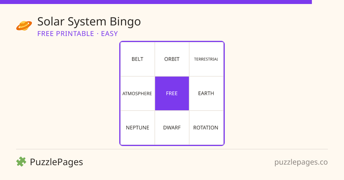 Solar System Easy printable bingo preview — free to print from PuzzlePages
