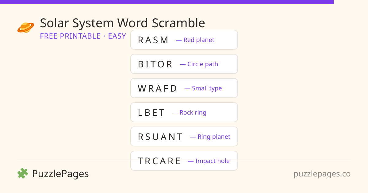 Solar System Easy printable word scramble preview — free to print from PuzzlePages