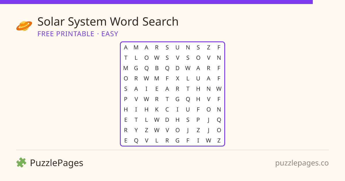 Solar System Easy printable word search preview — free to print from PuzzlePages