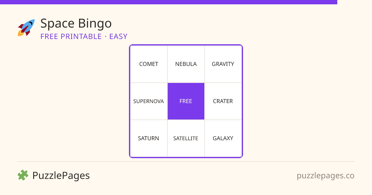 Space Easy printable bingo preview — free to print from PuzzlePages