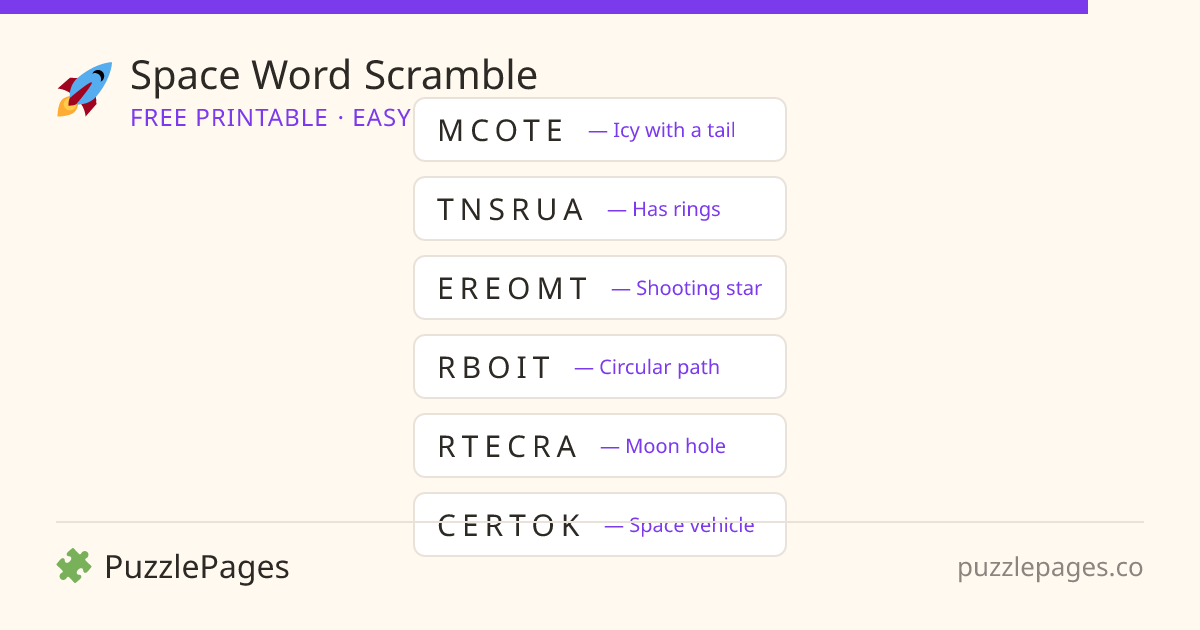 Space Easy printable word scramble preview — free to print from PuzzlePages