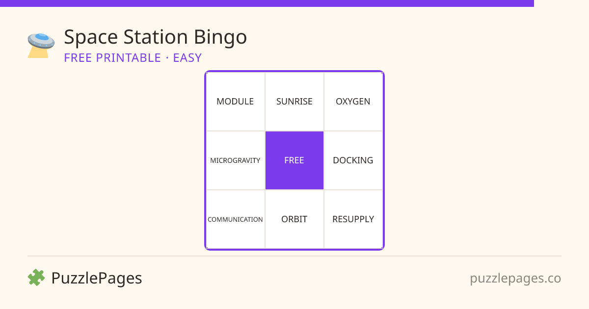 Space Station Easy printable bingo preview — free to print from PuzzlePages