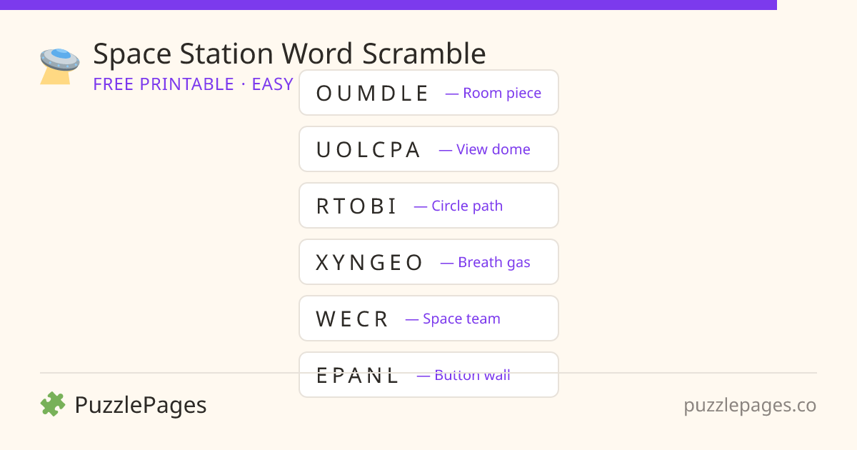 Space Station Easy printable word scramble preview — free to print from PuzzlePages