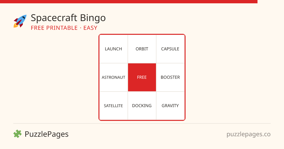 Spacecraft Easy printable bingo preview — free to print from PuzzlePages