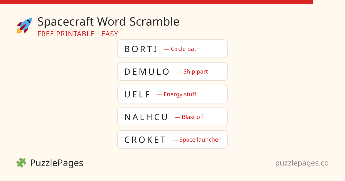 Spacecraft Easy printable word scramble preview — free to print from PuzzlePages
