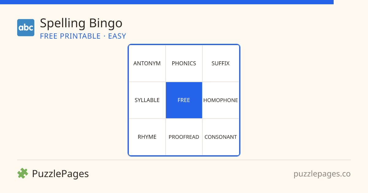 Spelling Easy printable bingo preview — free to print from PuzzlePages