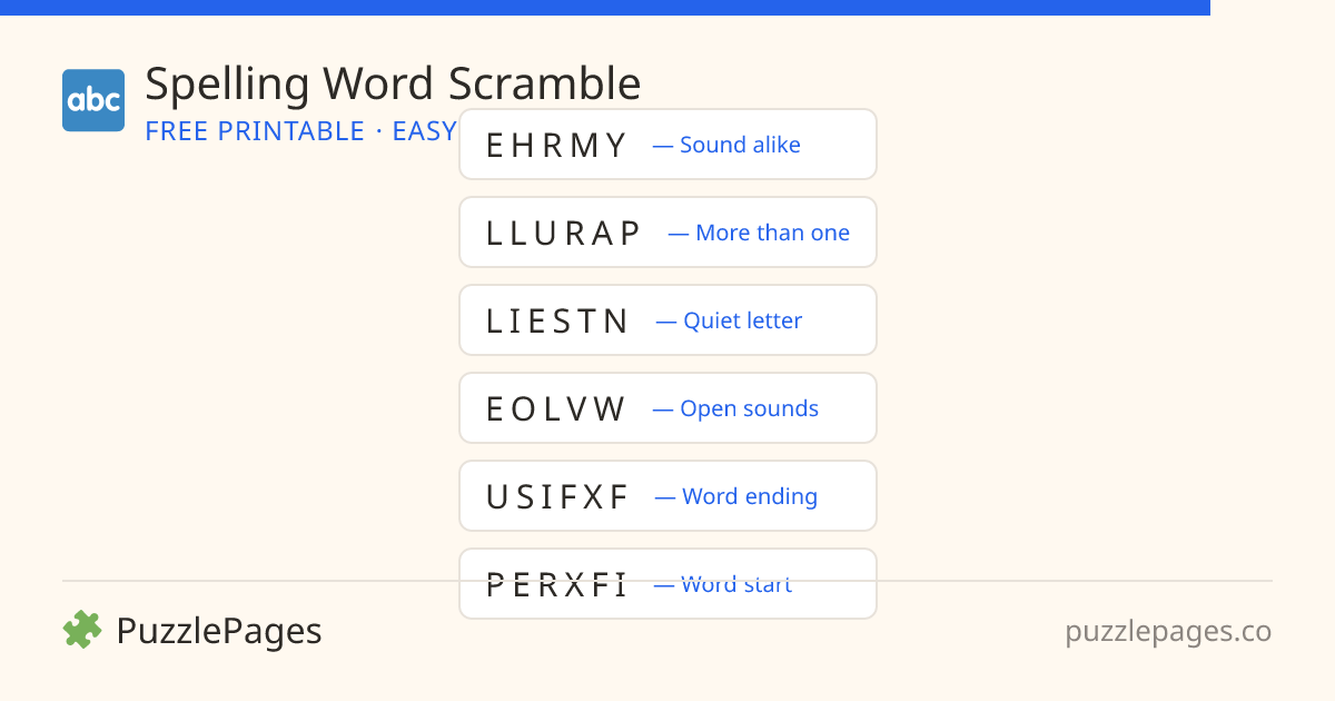 Spelling Easy printable word scramble preview — free to print from PuzzlePages