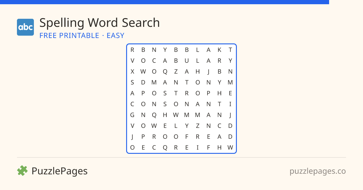 Spelling Easy printable word search preview — free to print from PuzzlePages