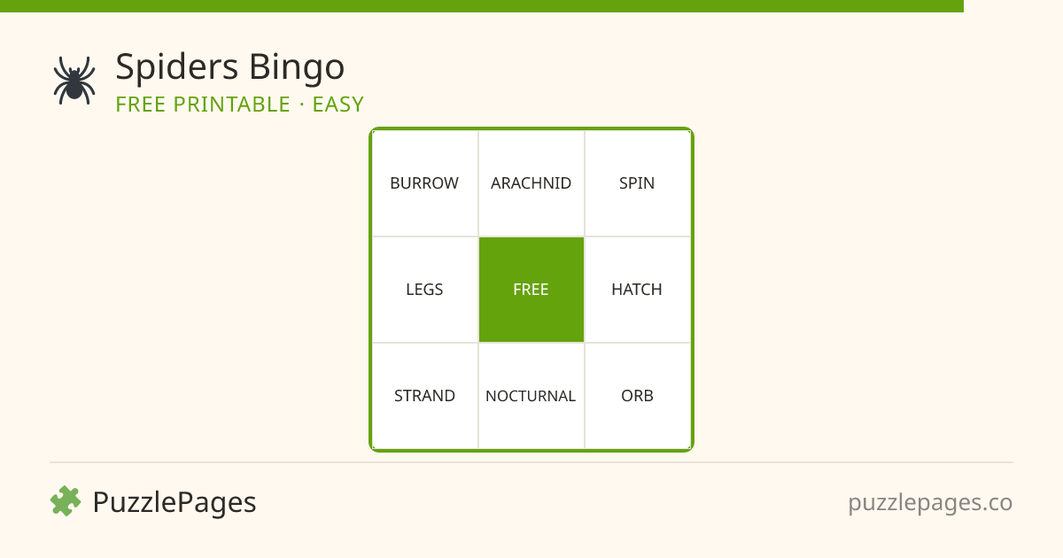 Spiders Easy printable bingo preview — free to print from PuzzlePages