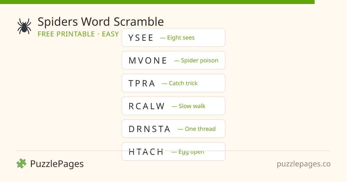 Spiders Easy printable word scramble preview — free to print from PuzzlePages