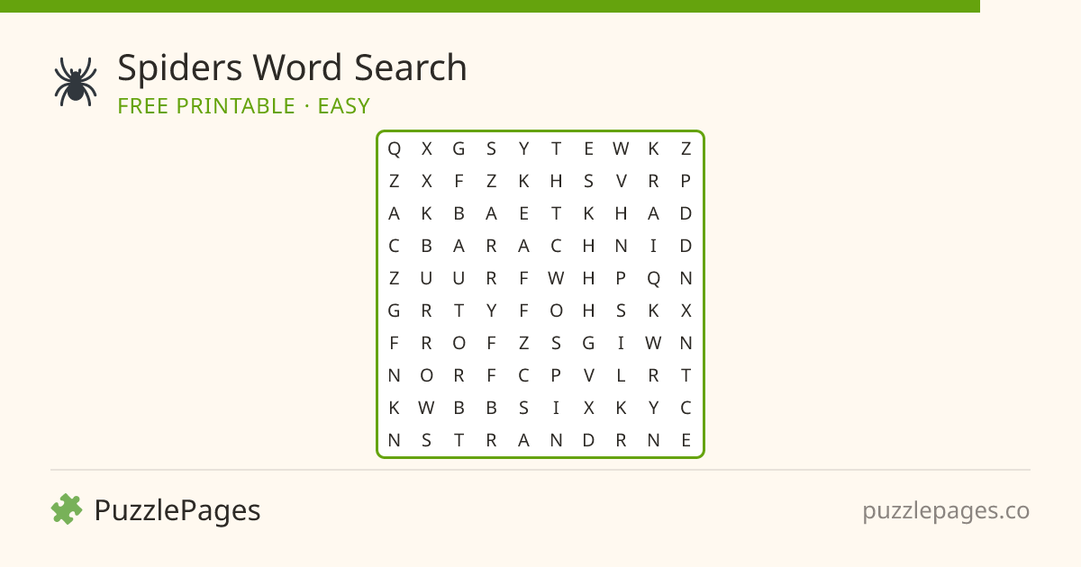 Spiders Easy printable word search preview — free to print from PuzzlePages