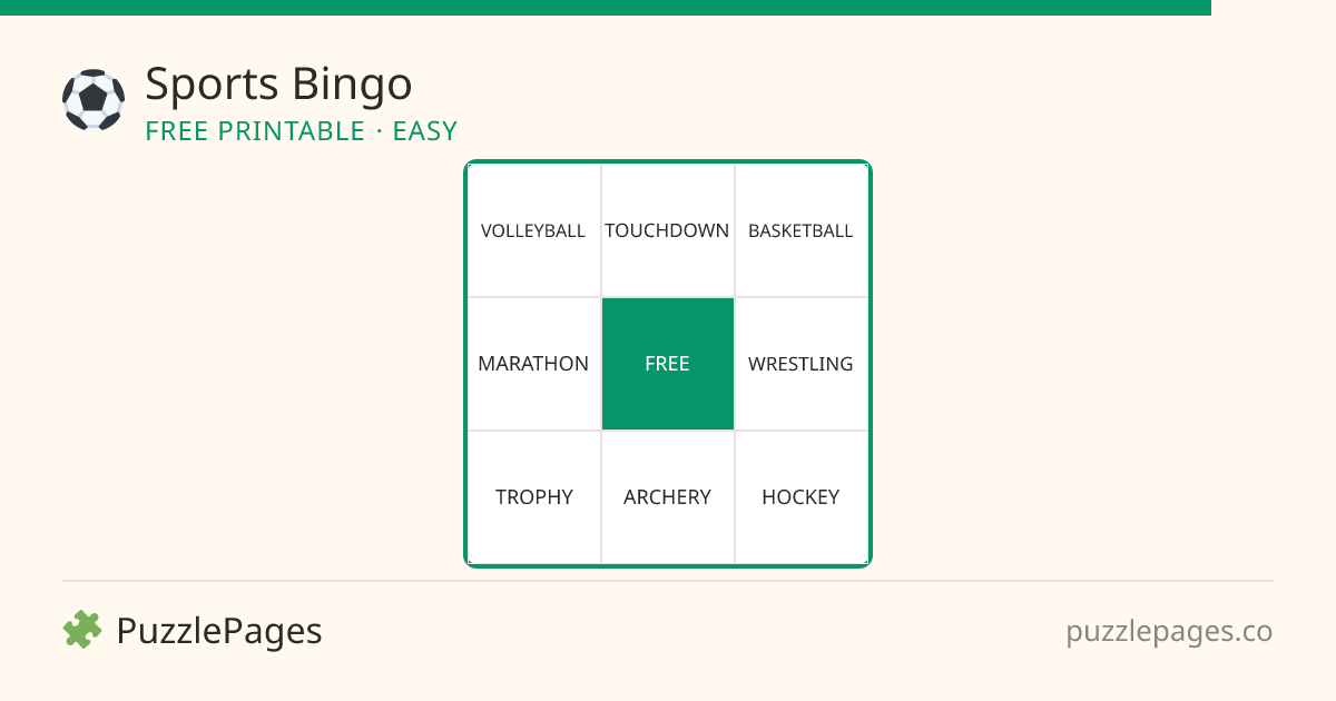 Sports Easy printable bingo preview — free to print from PuzzlePages
