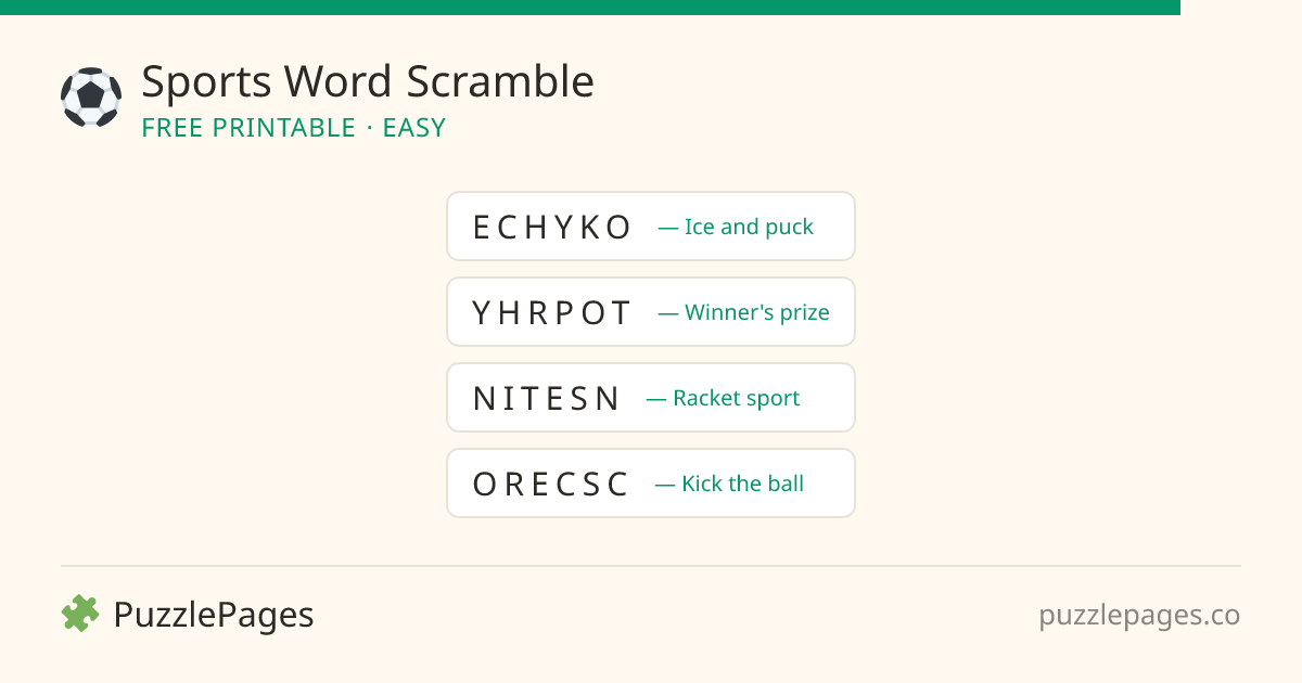 Sports Easy printable word scramble preview — free to print from PuzzlePages