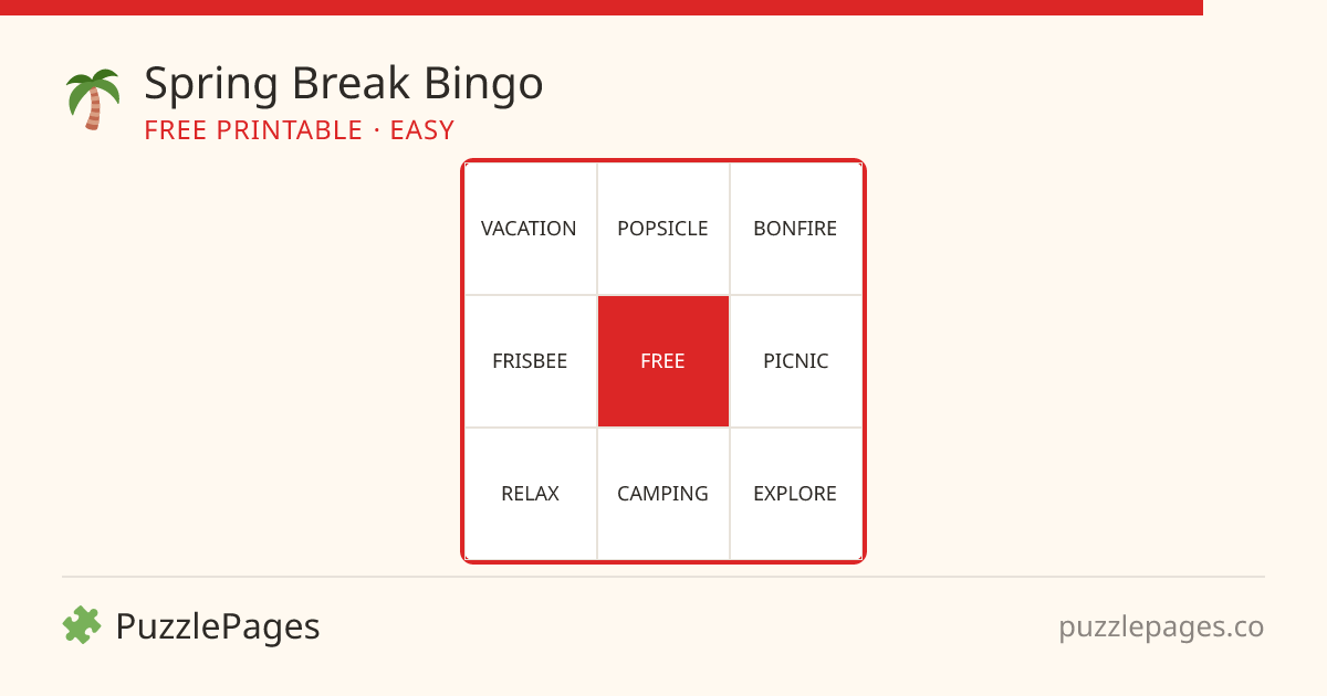 Spring Break Easy printable bingo preview — free to print from PuzzlePages