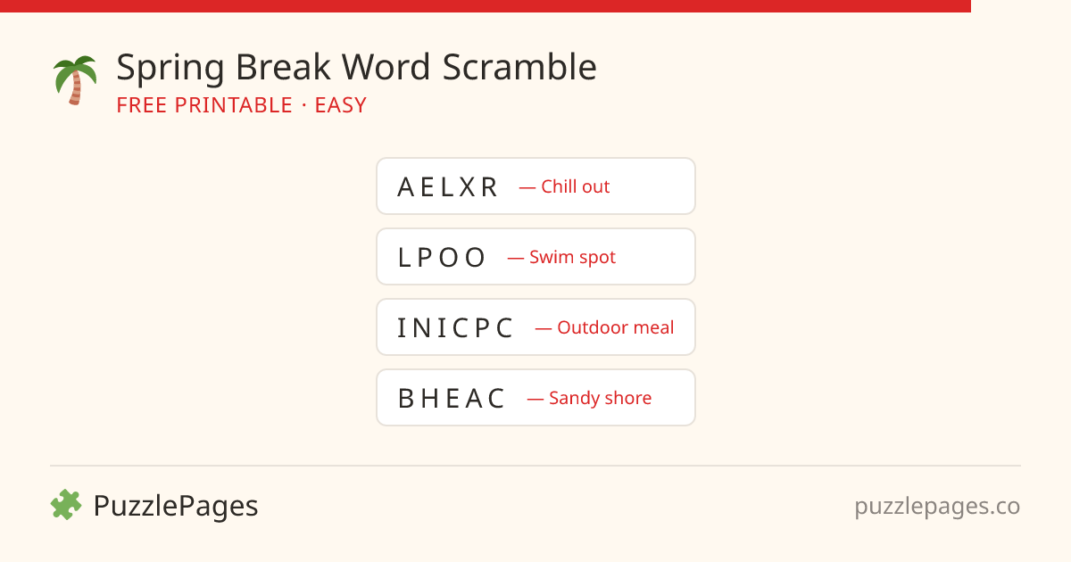 Spring Break Easy printable word scramble preview — free to print from PuzzlePages