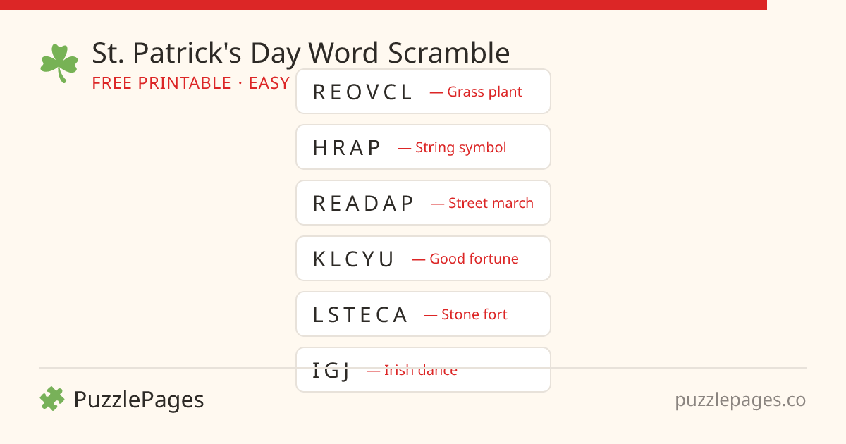 St. Patrick's Day Easy printable word scramble preview — free to print from PuzzlePages