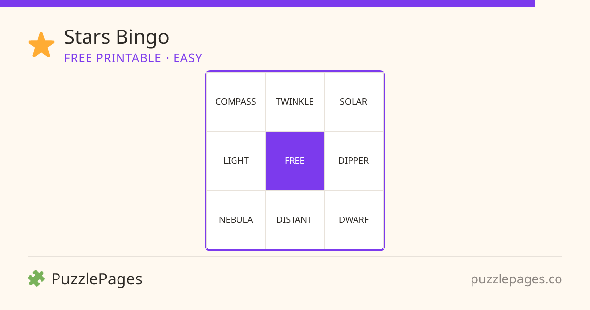 Stars Easy printable bingo preview — free to print from PuzzlePages