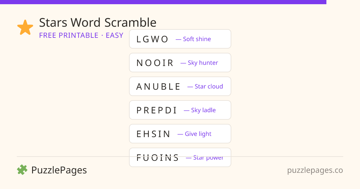 Stars Easy printable word scramble preview — free to print from PuzzlePages