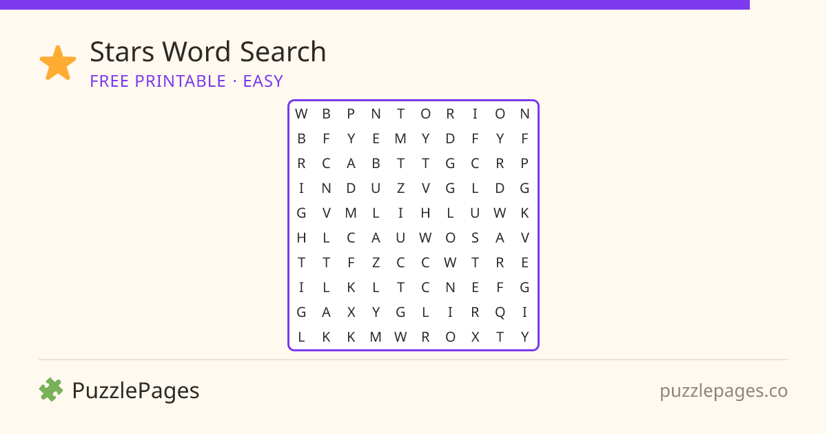 Stars Easy printable word search preview — free to print from PuzzlePages
