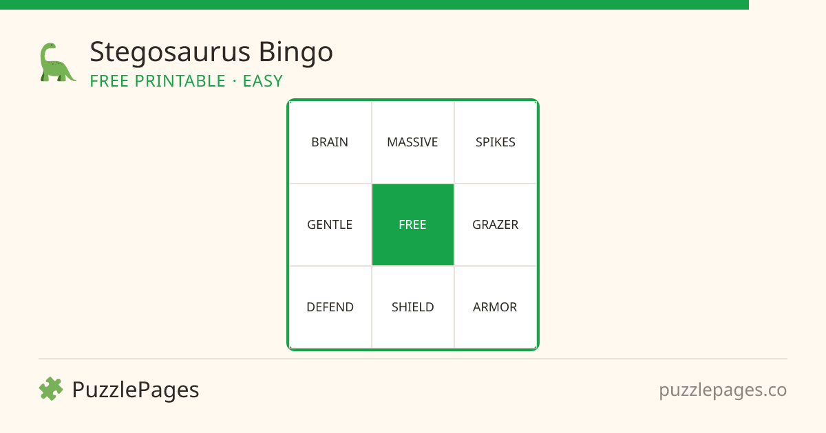 Stegosaurus Easy printable bingo preview — free to print from PuzzlePages