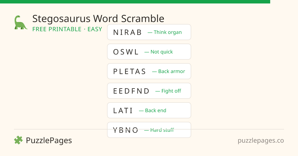 Stegosaurus Easy printable word scramble preview — free to print from PuzzlePages