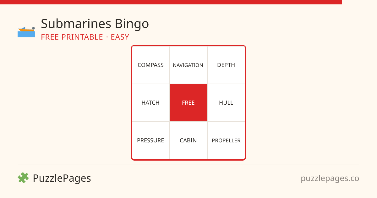 Submarines Easy printable bingo preview — free to print from PuzzlePages