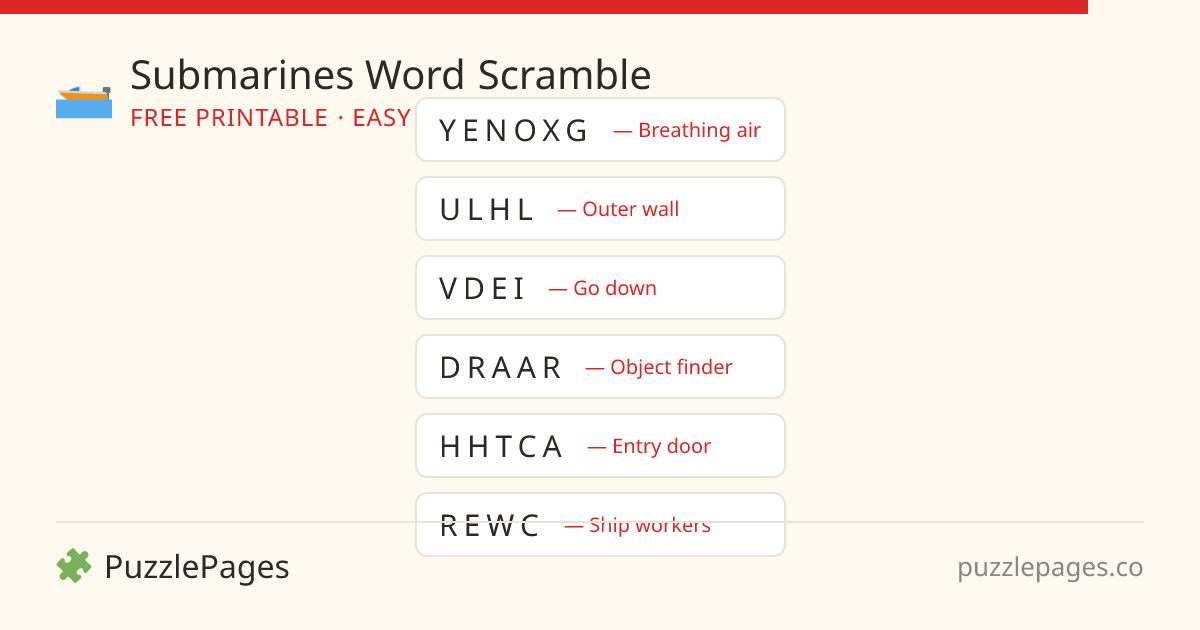 Submarines Easy printable word scramble preview — free to print from PuzzlePages