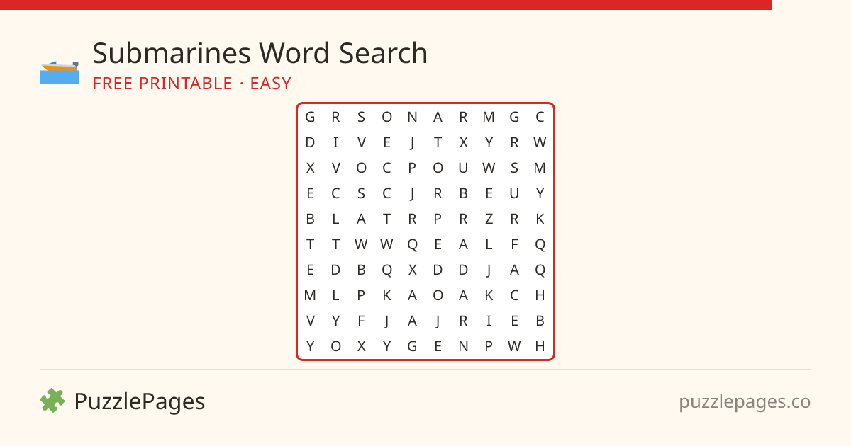 Submarines Easy printable word search preview — free to print from PuzzlePages