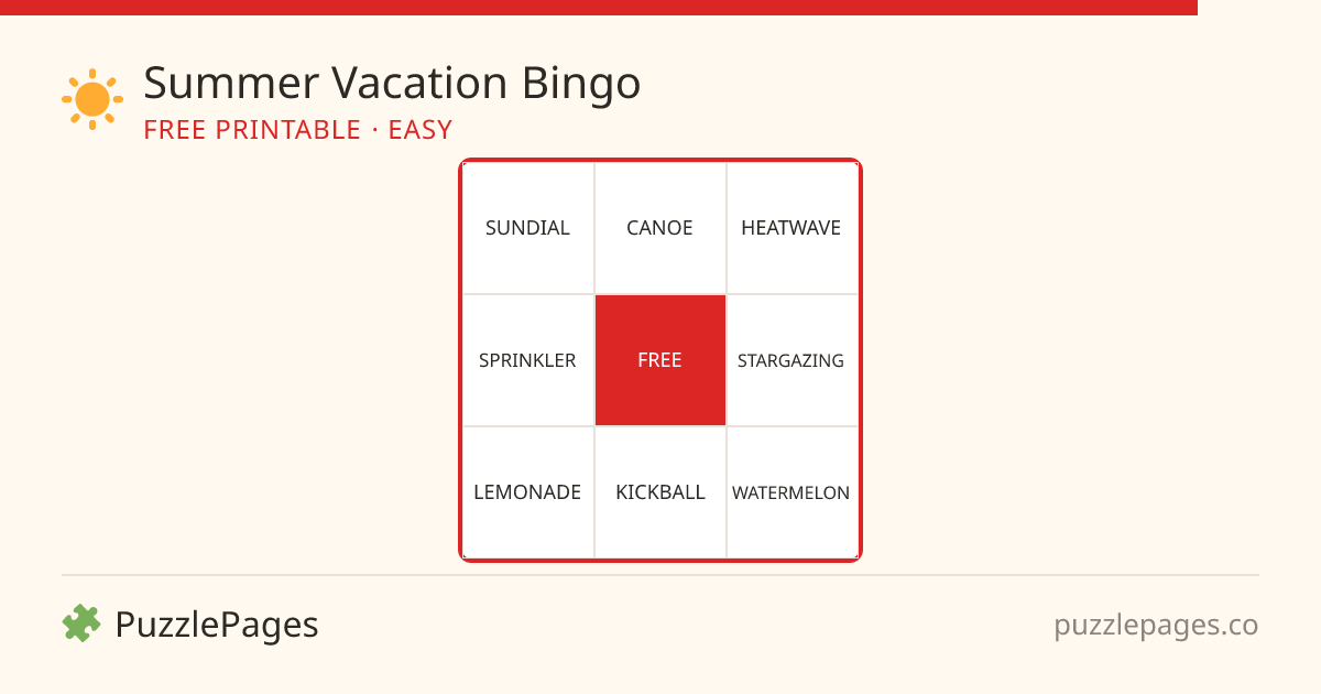 Summer Vacation Easy printable bingo preview — free to print from PuzzlePages