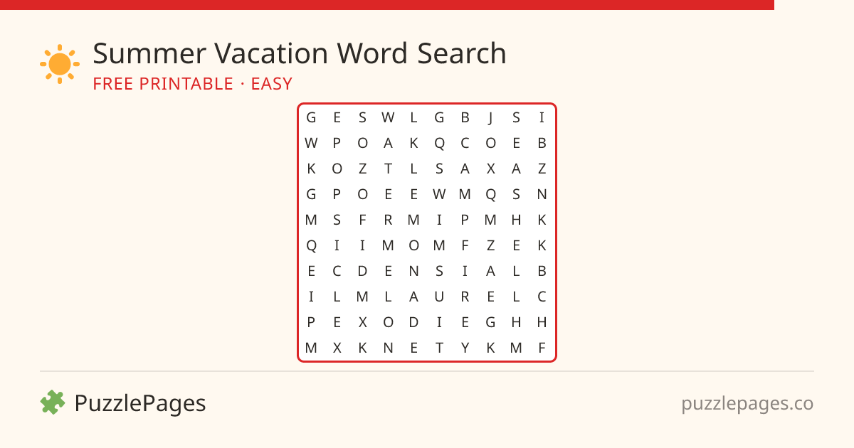 Summer Vacation Easy printable word search preview — free to print from PuzzlePages
