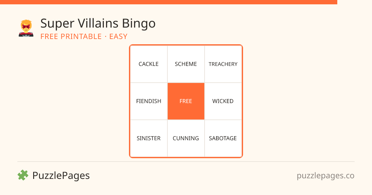 Super Villains Easy printable bingo preview — free to print from PuzzlePages