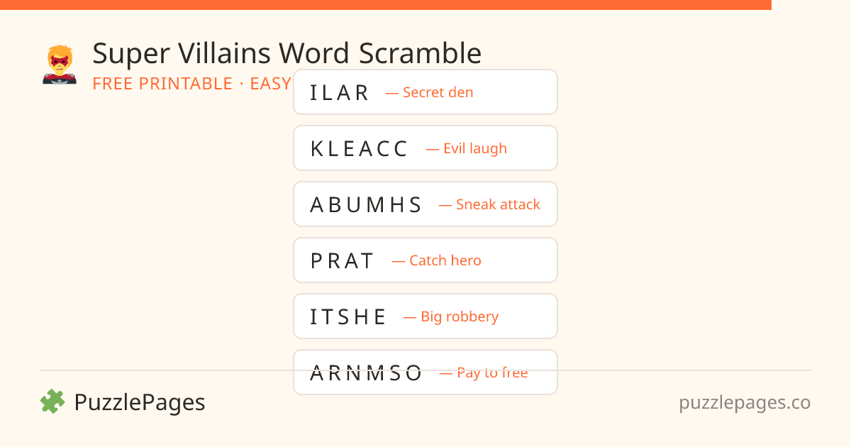 Super Villains Easy printable word scramble preview — free to print from PuzzlePages