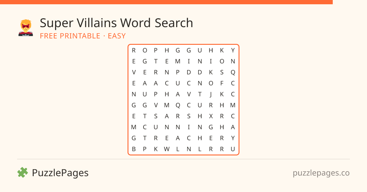 Super Villains Easy printable word search preview — free to print from PuzzlePages