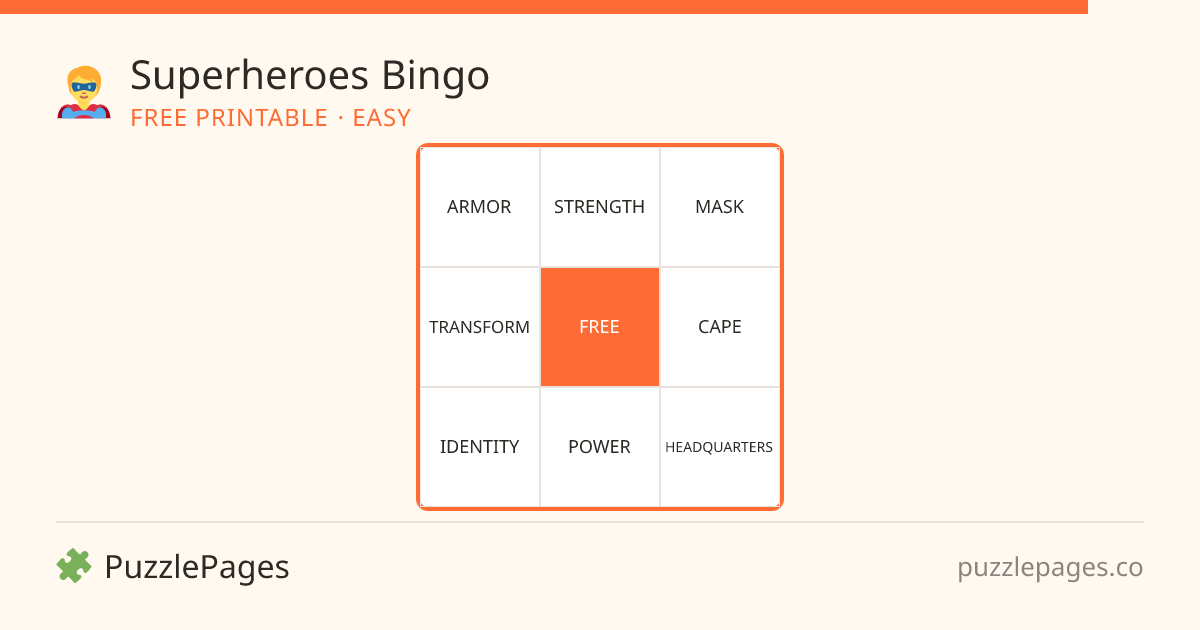 Superheroes Easy printable bingo preview — free to print from PuzzlePages