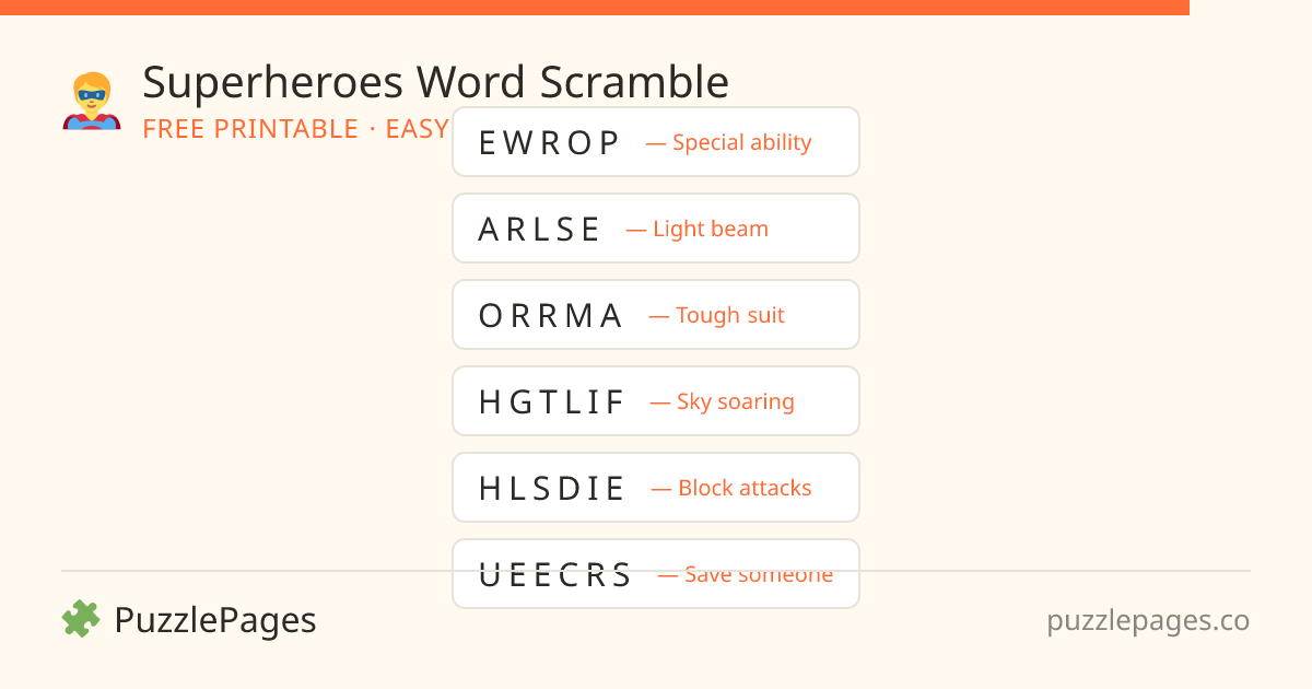 Superheroes Easy printable word scramble preview — free to print from PuzzlePages